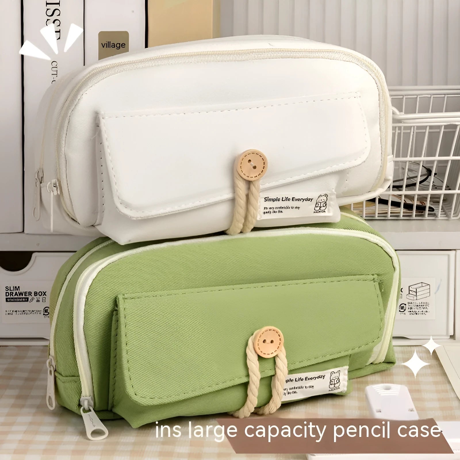 Green canvas pencil case with large capacity for pens in Korean style