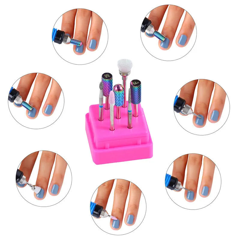 Tungsten steel nail drill bit set with 7 pieces including bits and brush in a clear case.