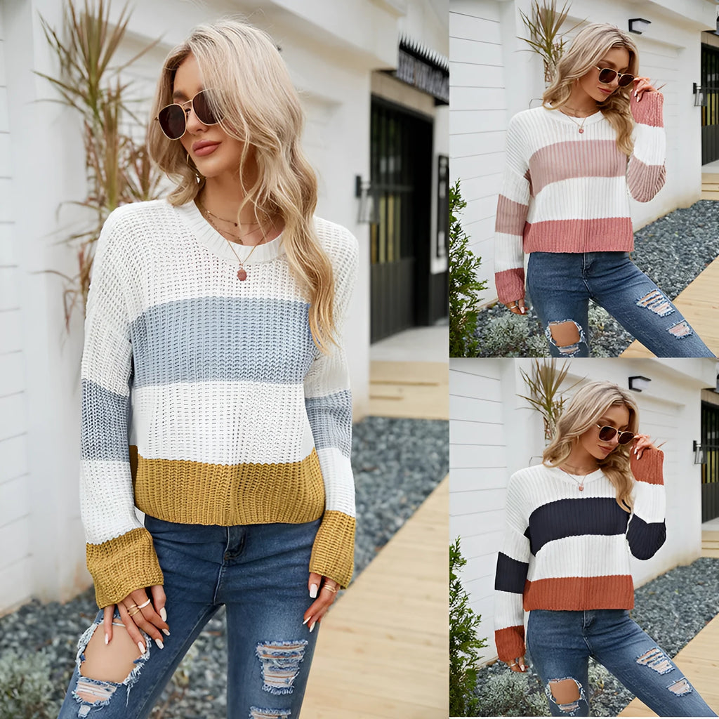 Women's striped short sleeve pullover sweater in loose fit with pink, dark blue, or yellow stripe options