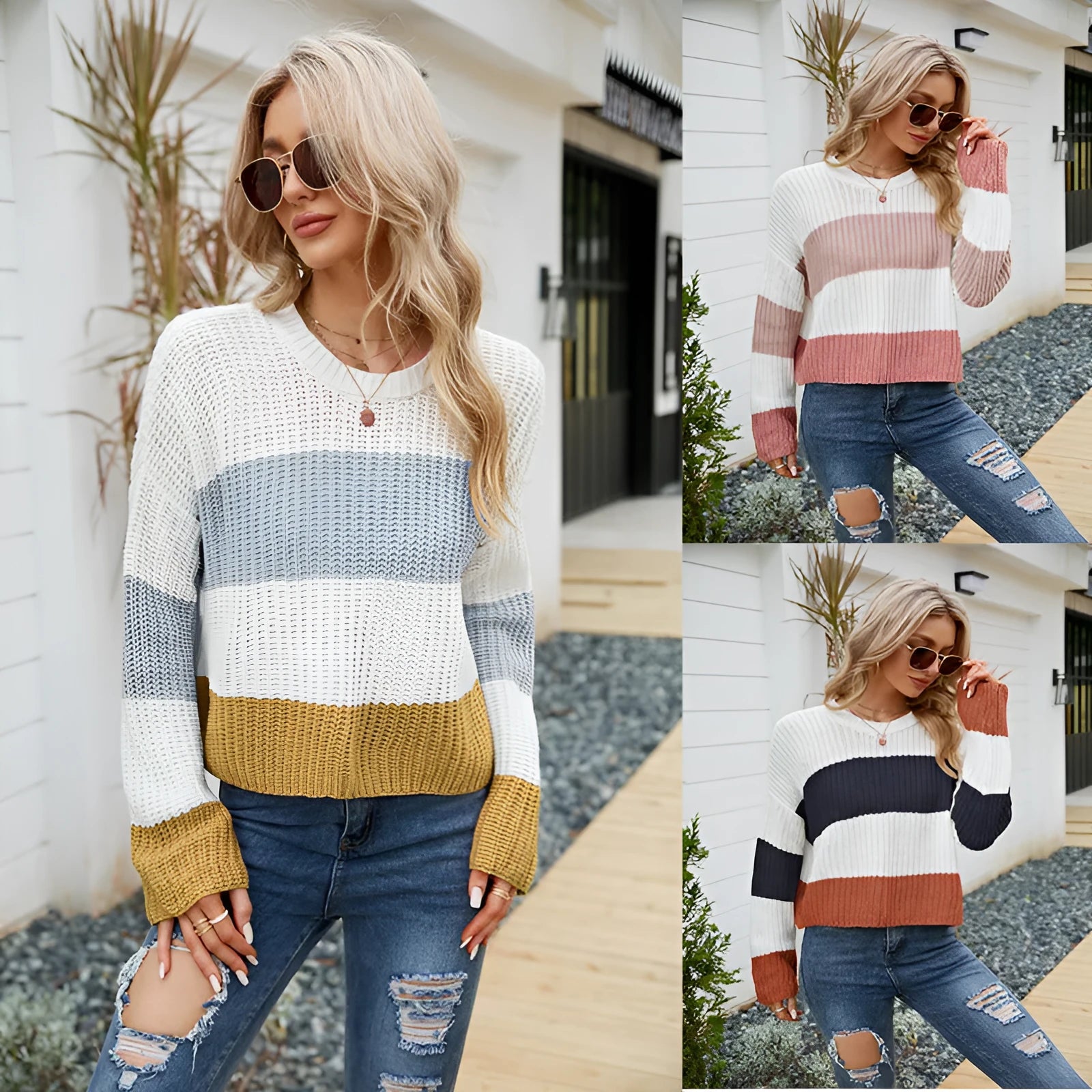 Women's striped short sleeve pullover sweater in loose fit with pink, dark blue, or yellow stripe options