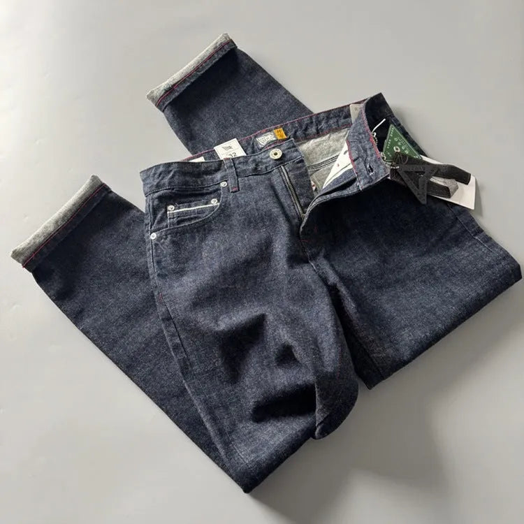 Men's straight leg jeans in American retro style with mid waist design and cotton denim fabric
