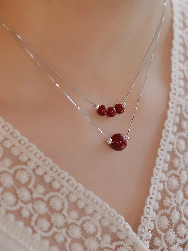 Cinnabar 925 sterling silver necklace for women with handcrafted pendant on adjustable clavicle chain