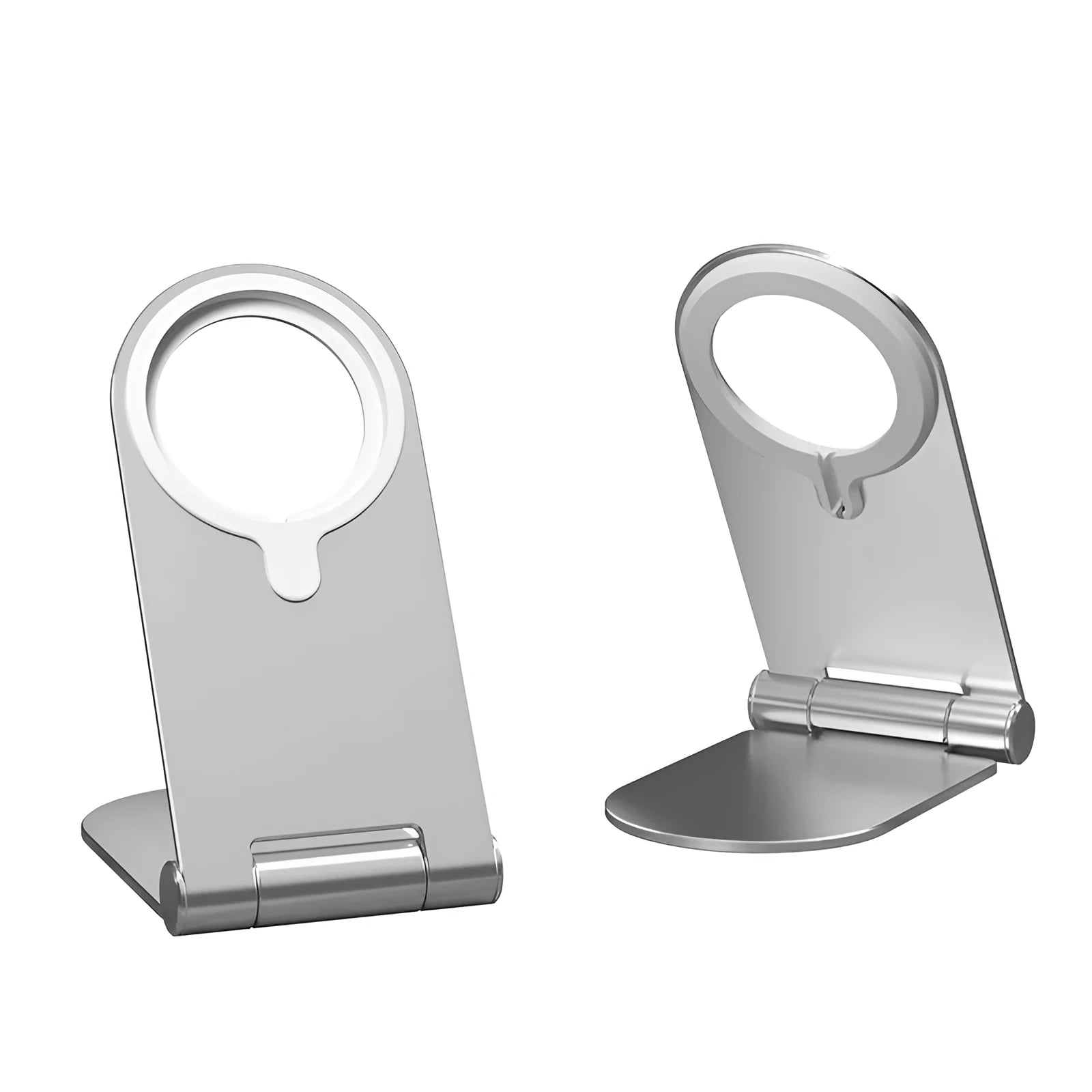 Silver vertical adjustable magnetic phone bracket for iPhone 12 series on a desk.