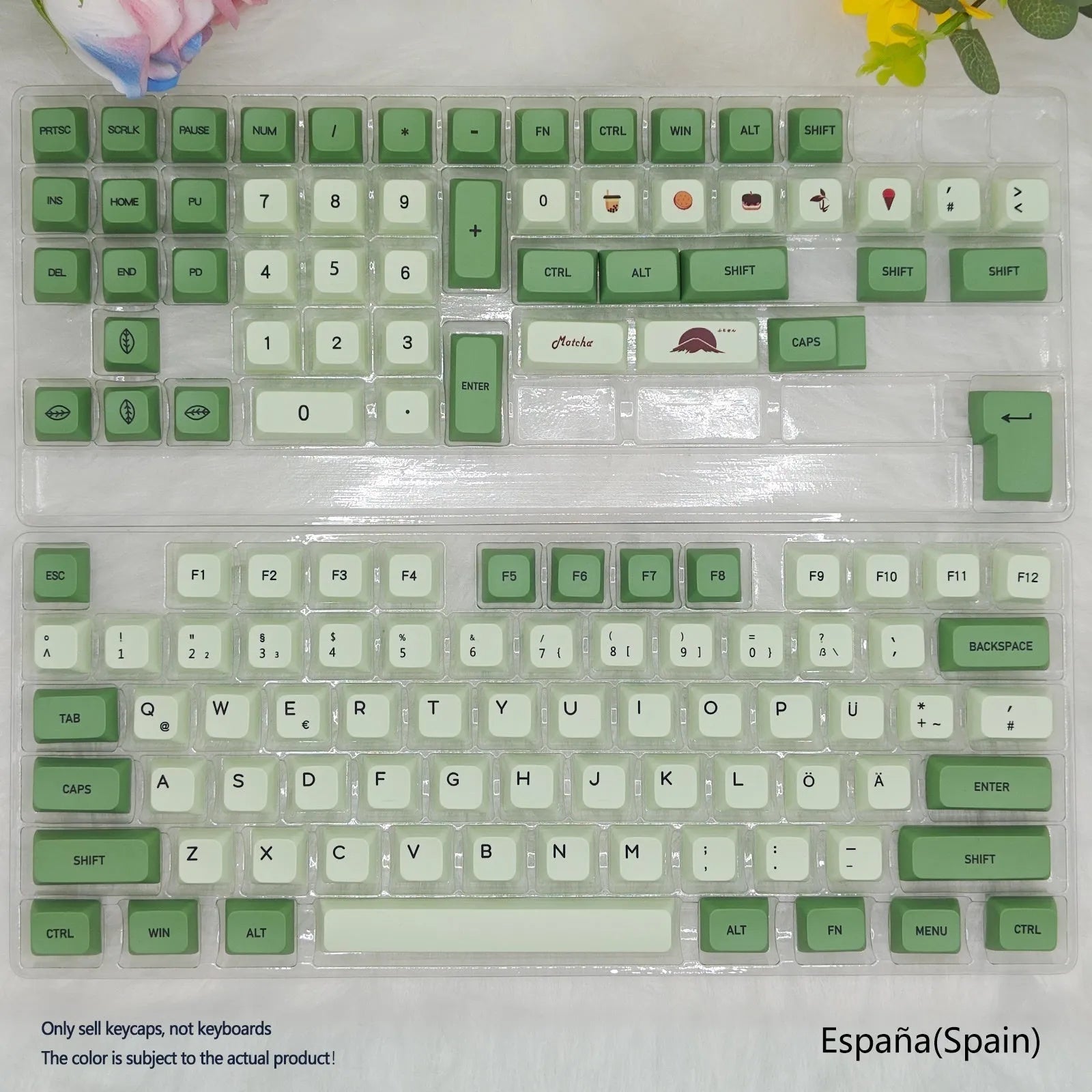124 PBT keycaps in Matcha green colour arranged by language layout for mechanical keyboards