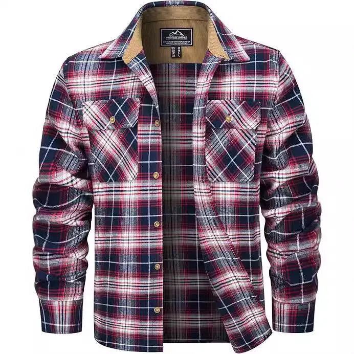 Men's polyester flannel button shirt with plaid pattern in green, navy, orange, and wine red colors available in sizes S to 5XL