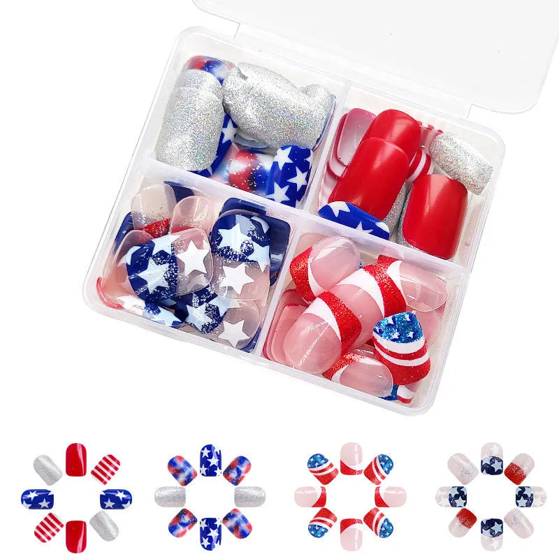 False nail set with American flag and five-pointed star Independence Day design in three colour combinations