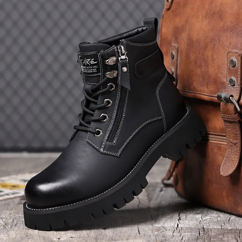 Men's brown high-top leather Martin boots with side zipper and mid heel