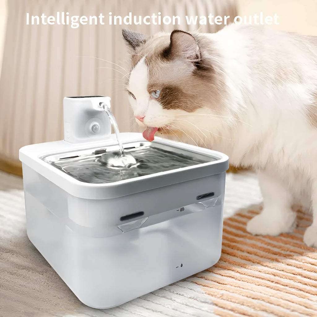 Intelligent self-circulating rechargeable wireless pet water dispenser in white with stainless steel tray