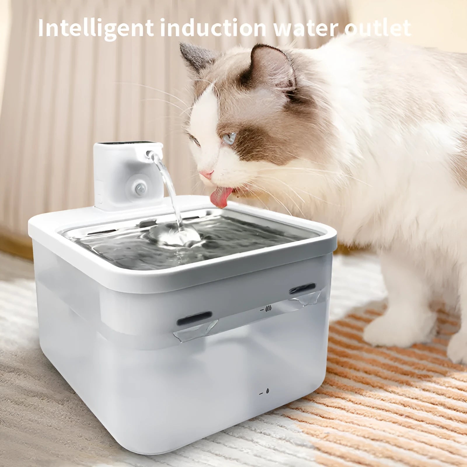 Intelligent self-circulating rechargeable wireless pet water dispenser in white with stainless steel tray