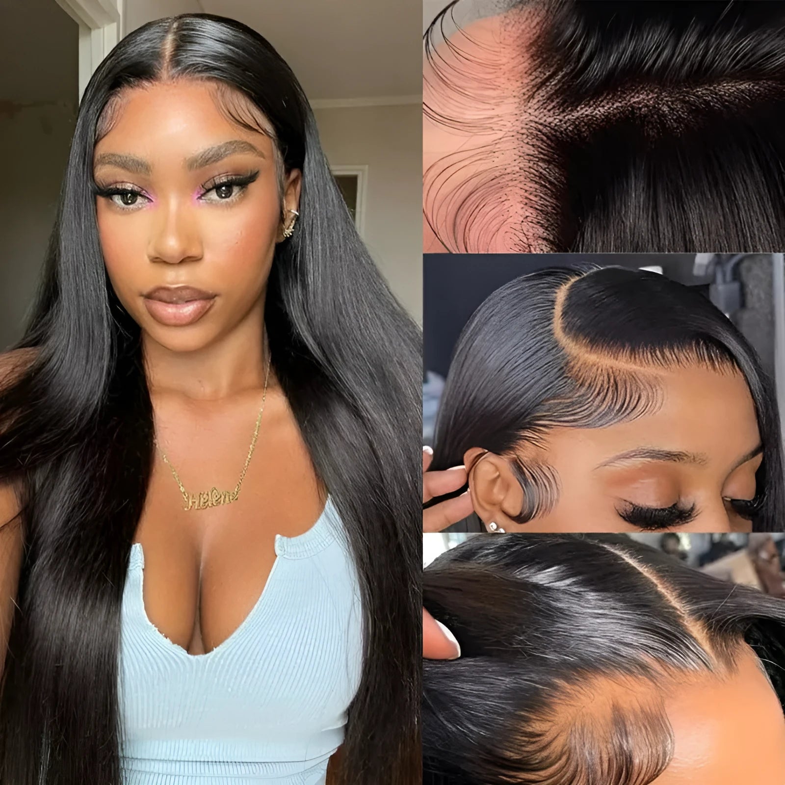 Black straight human hair lace front wig with a 13x6 inch frontal on a mannequin head.