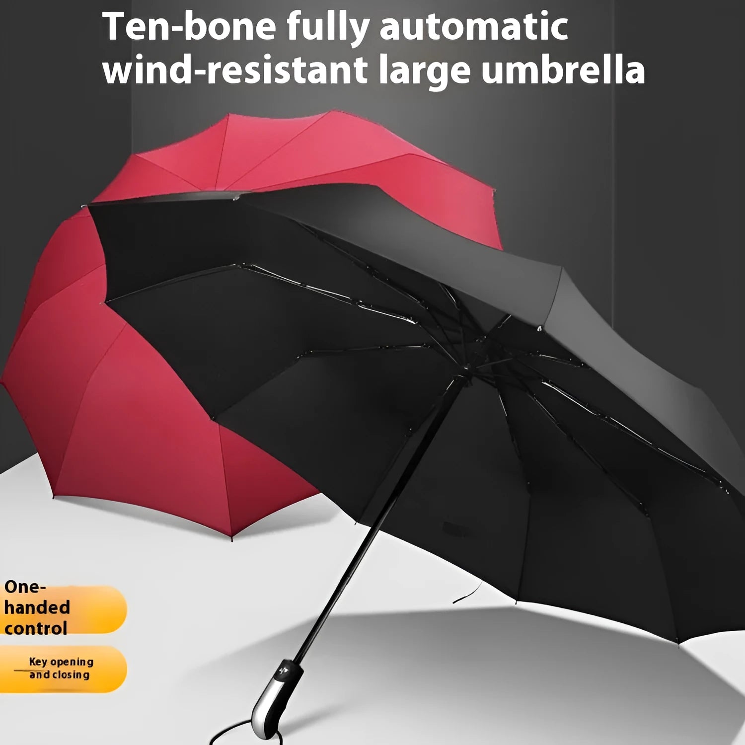 Automatic triple folding business umbrella with steel ribs and rubber handle in black colour