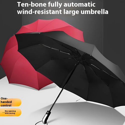 Automatic triple folding business umbrella with steel ribs and rubber handle in black colour