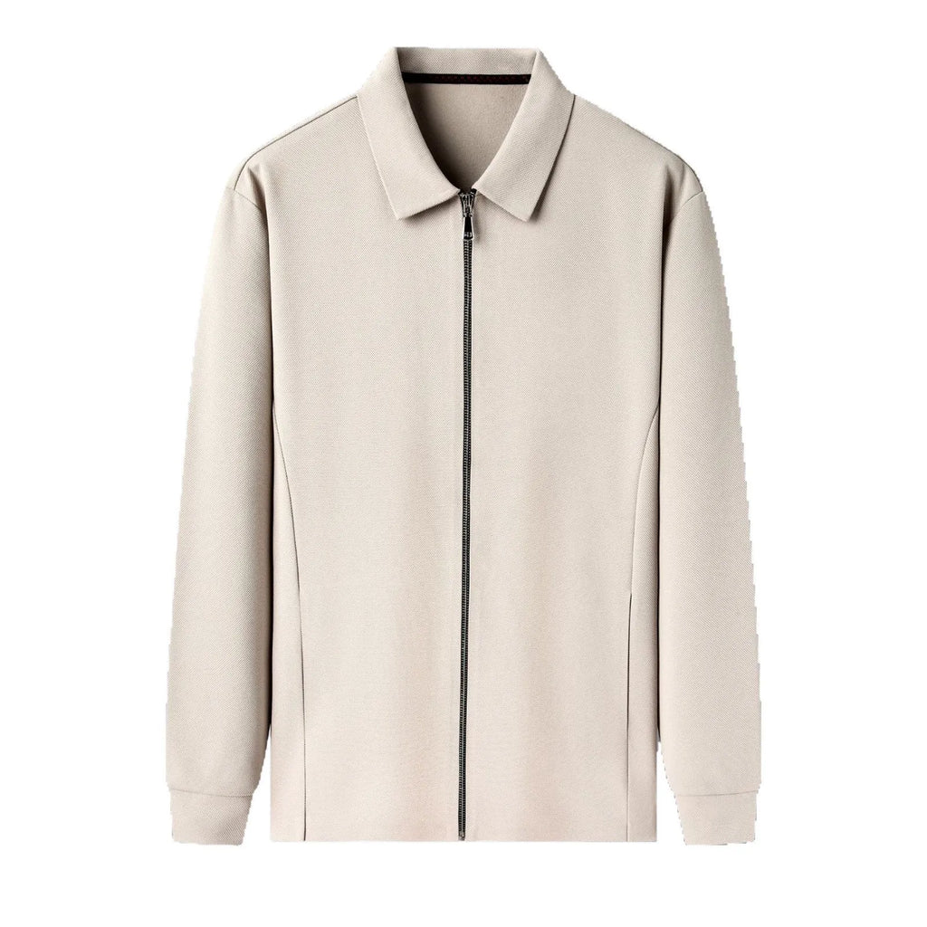 Men's polyester jacket in apricot, black, or dark grey with straight hem and regular sleeves.