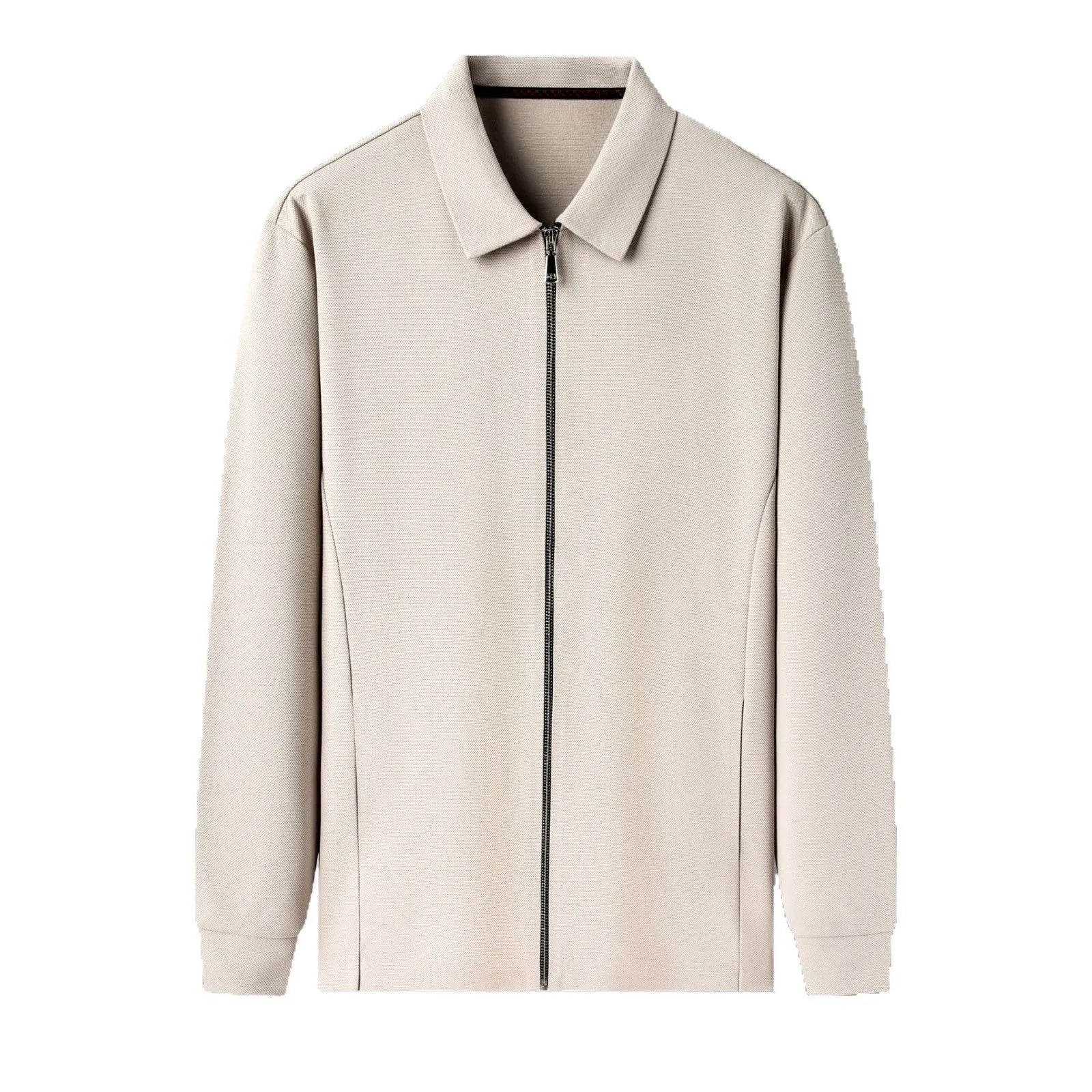 Men's polyester jacket in apricot, black, or dark grey with straight hem and regular sleeves.