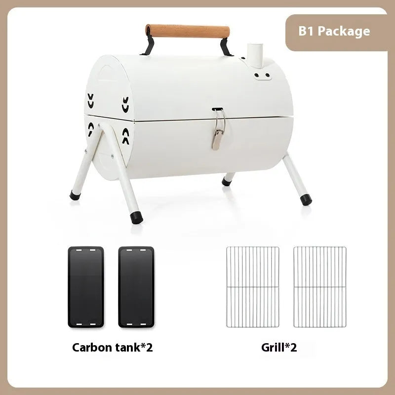 White round chimney portable charcoal grill with folding design and cooking accessories