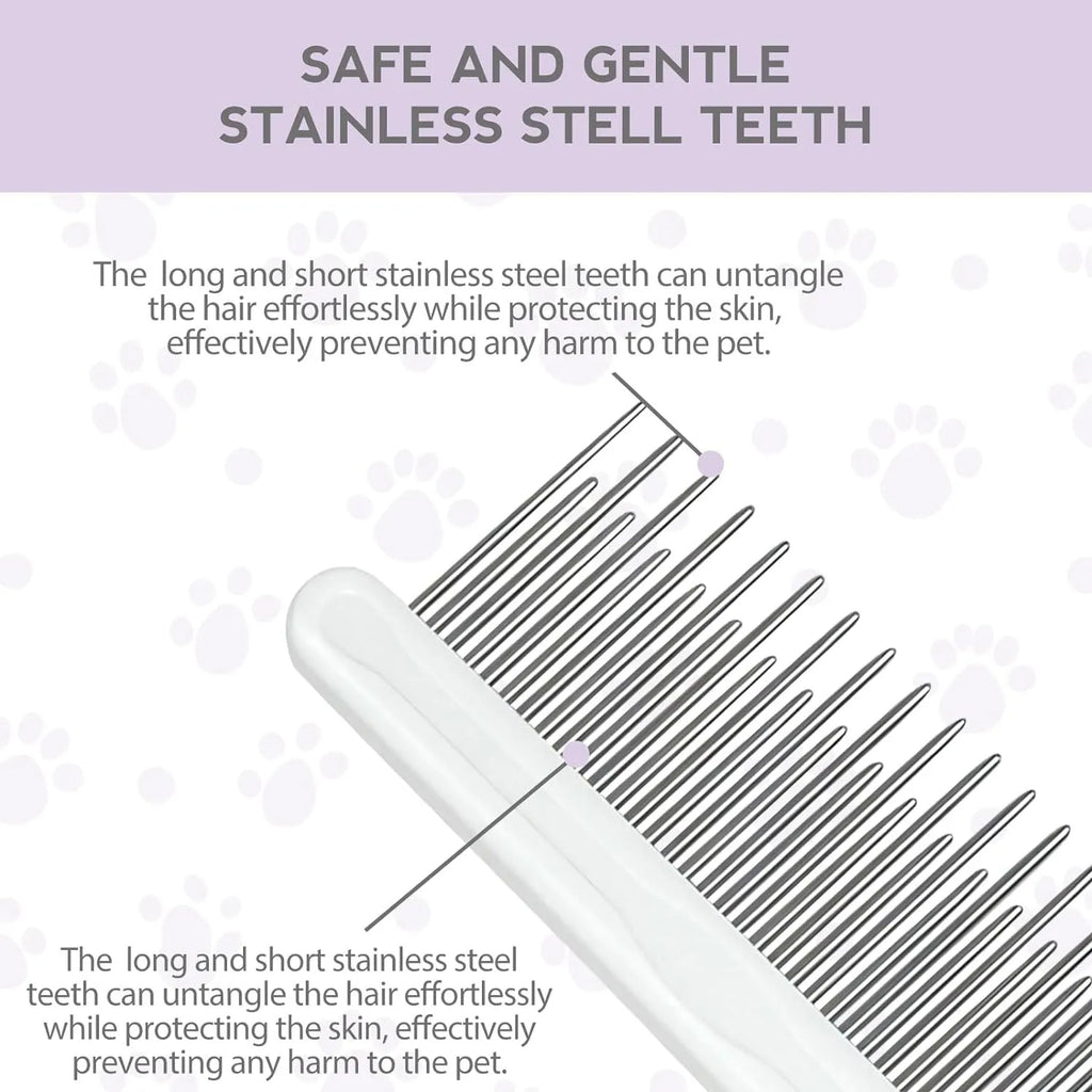 Purple pet grooming comb with stainless steel long and short teeth for detangling dog and cat hair
