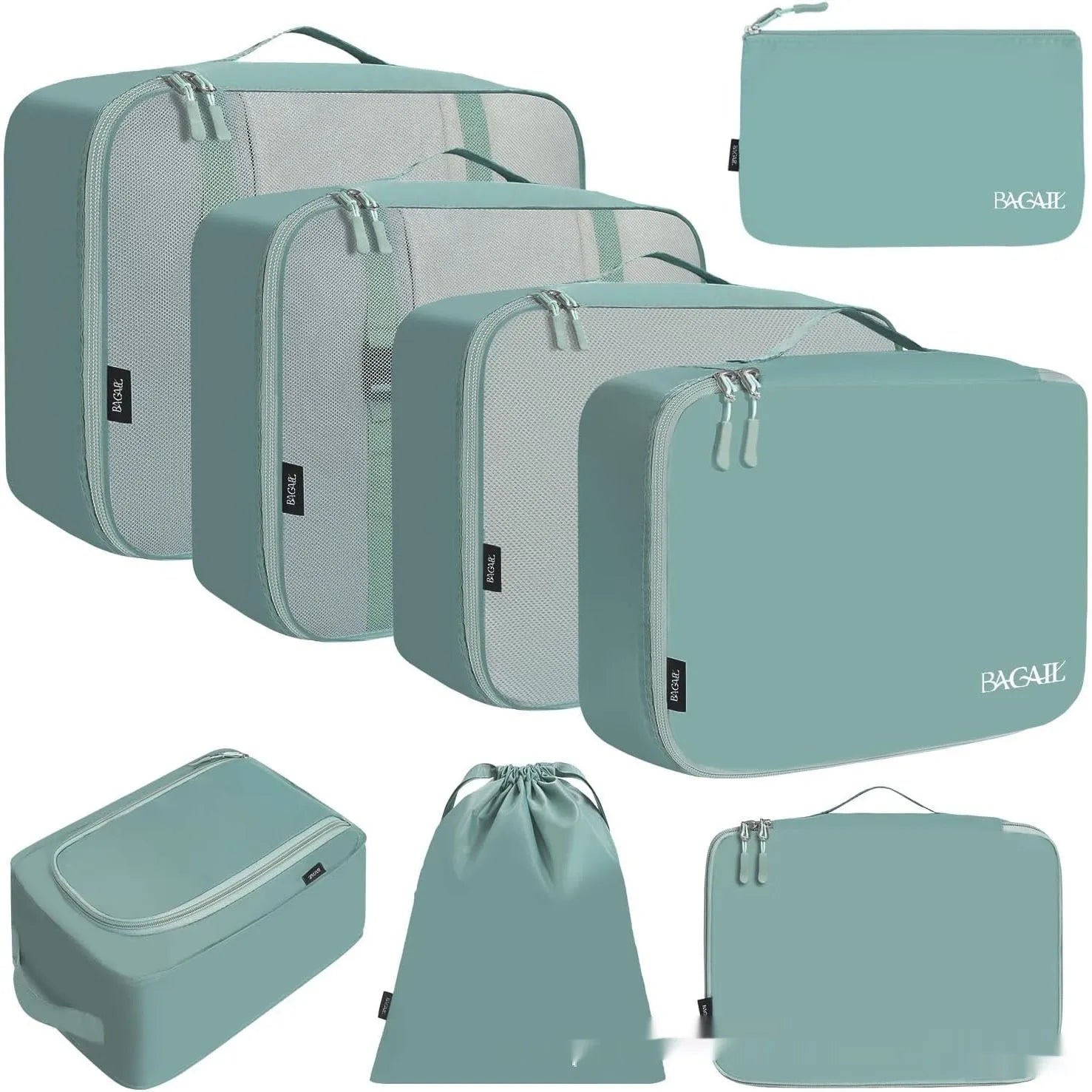 Set of eight PP packing cubes in various colours including beige, black, pink, and leopard print for travel organisation.