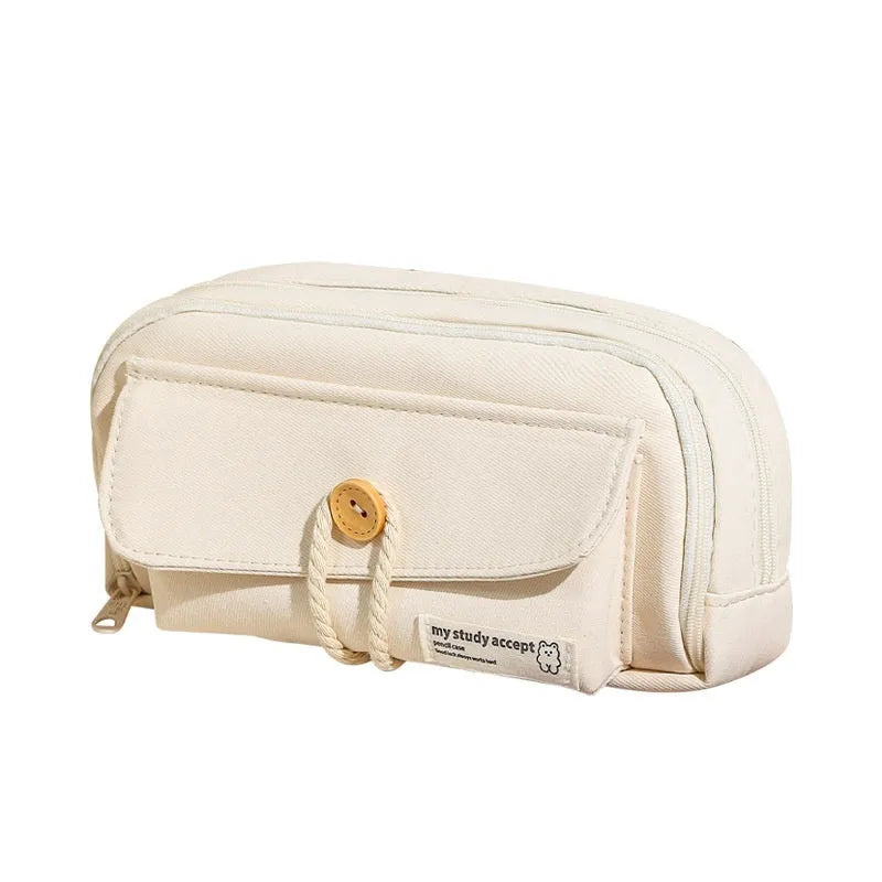 Green canvas pencil case with large capacity for pens in Korean style