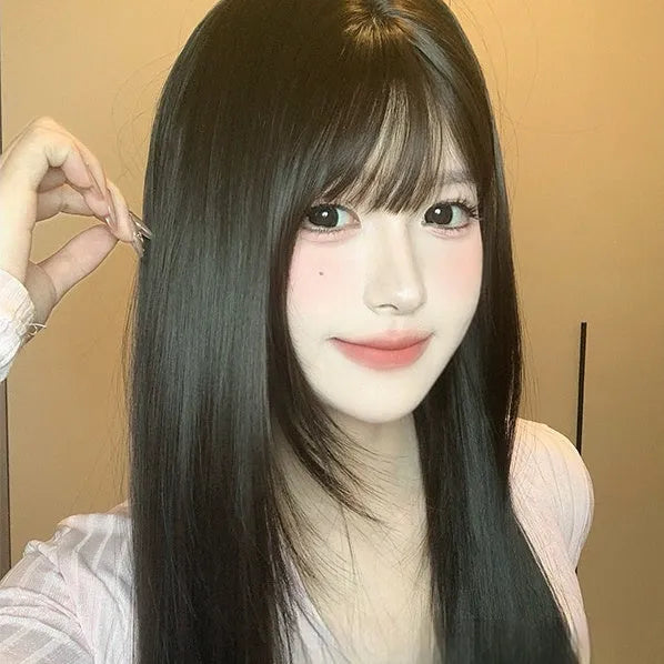 Dark brown women's wig with long straight hair and bangs for round face shapes