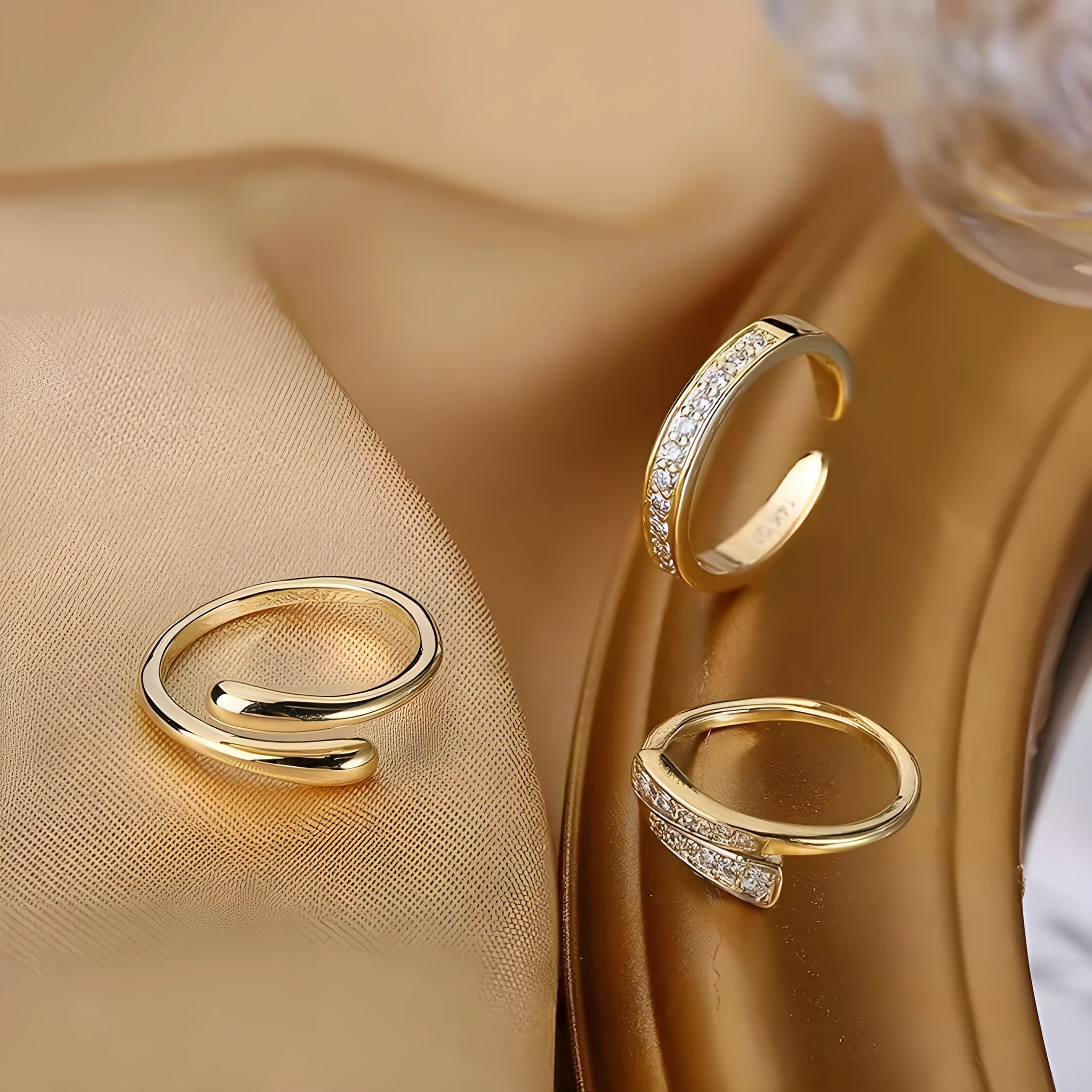 Geometric toe ring with 14K gold plating showing rhinestone and water drop design options