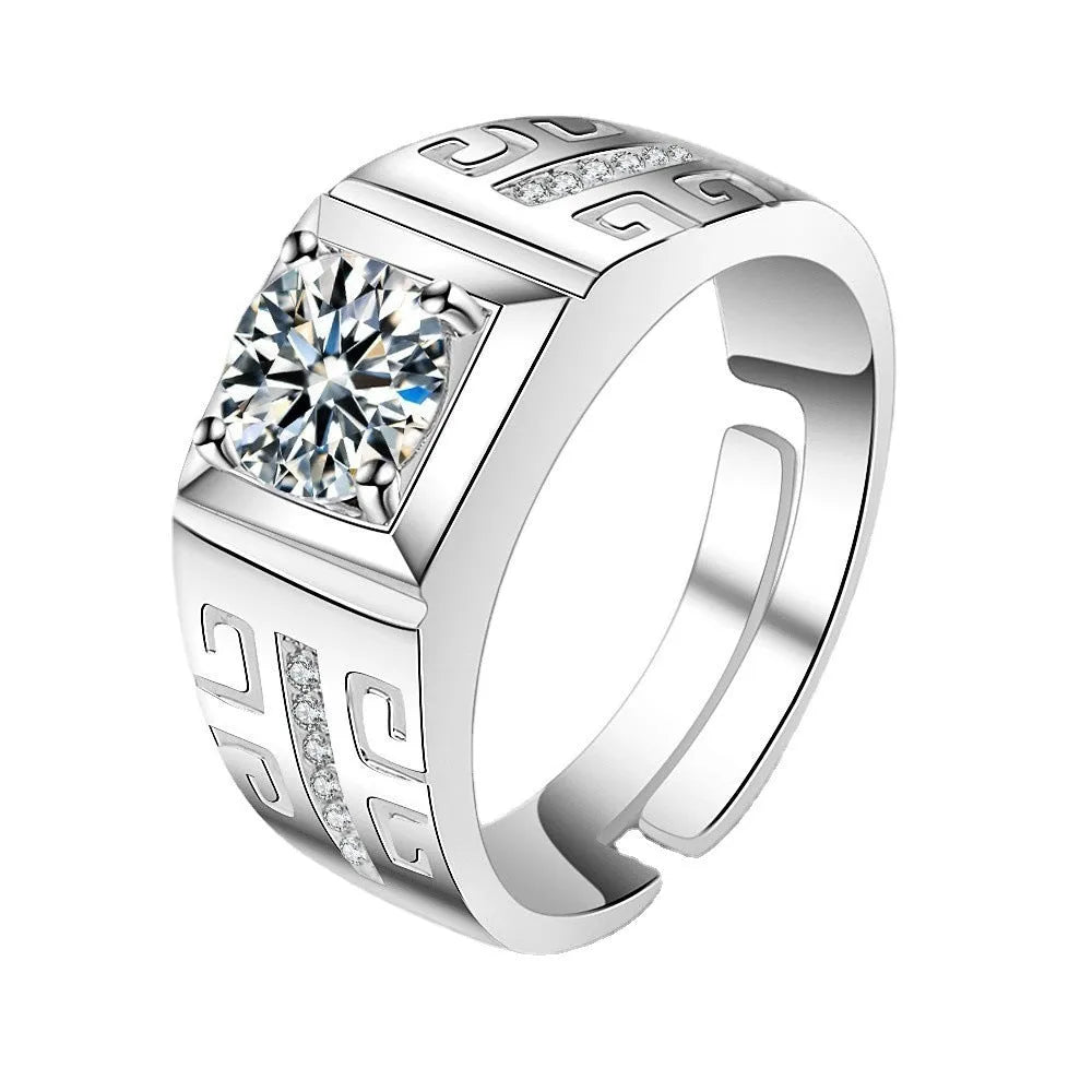Men's adjustable square diamond ring in gold finish showing large geometric design