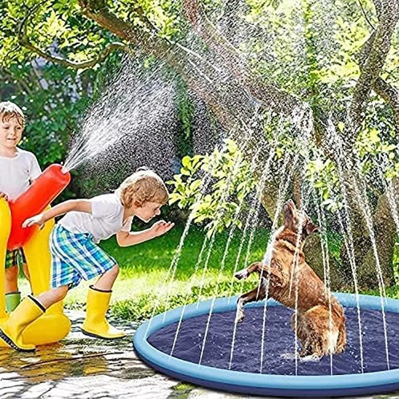 Large blue anti-slip dog splash pad pool with inflated sides in a garden.