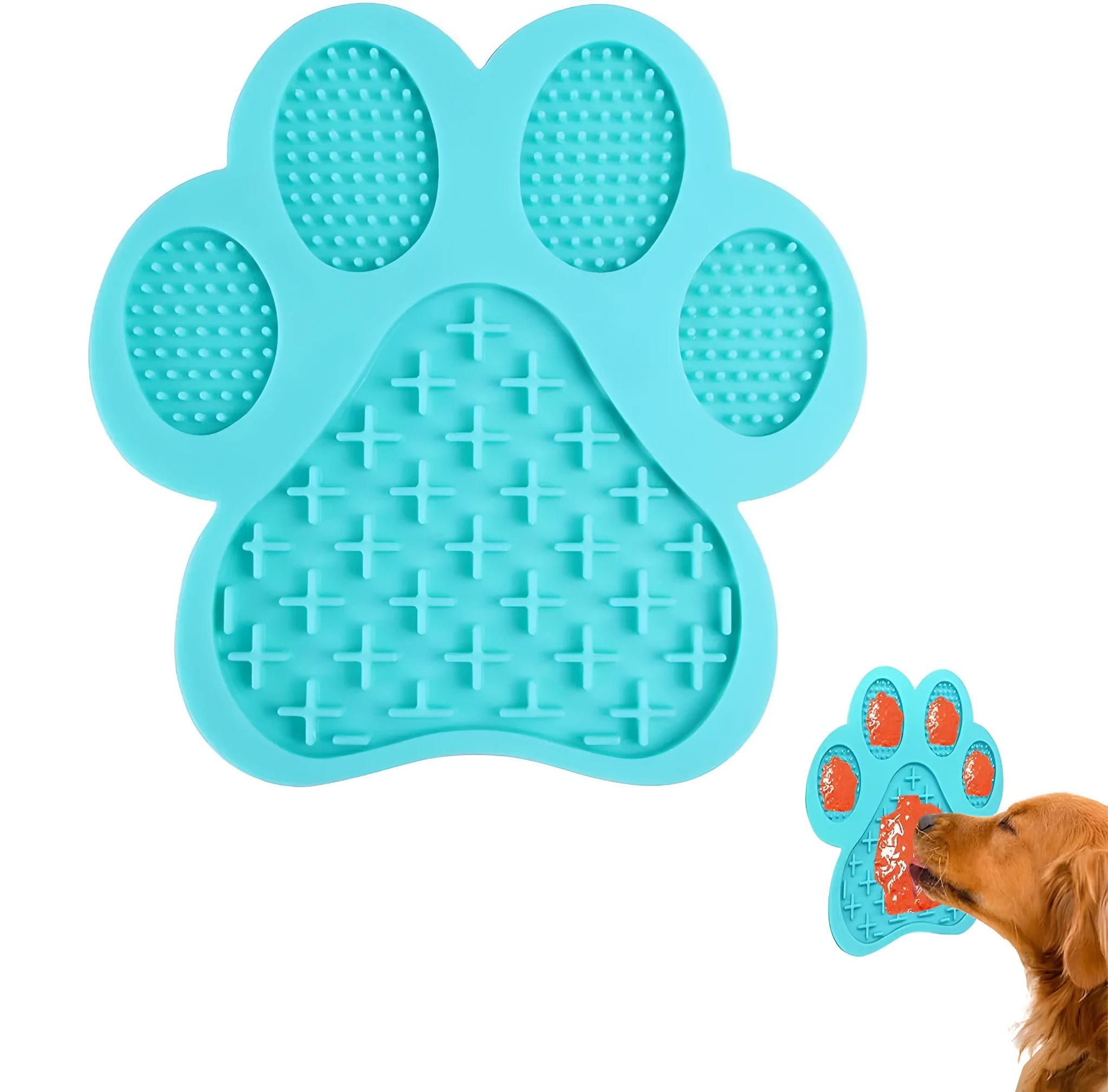 Blue silicone dog licking mat with bone texture and suction cups on a white background.