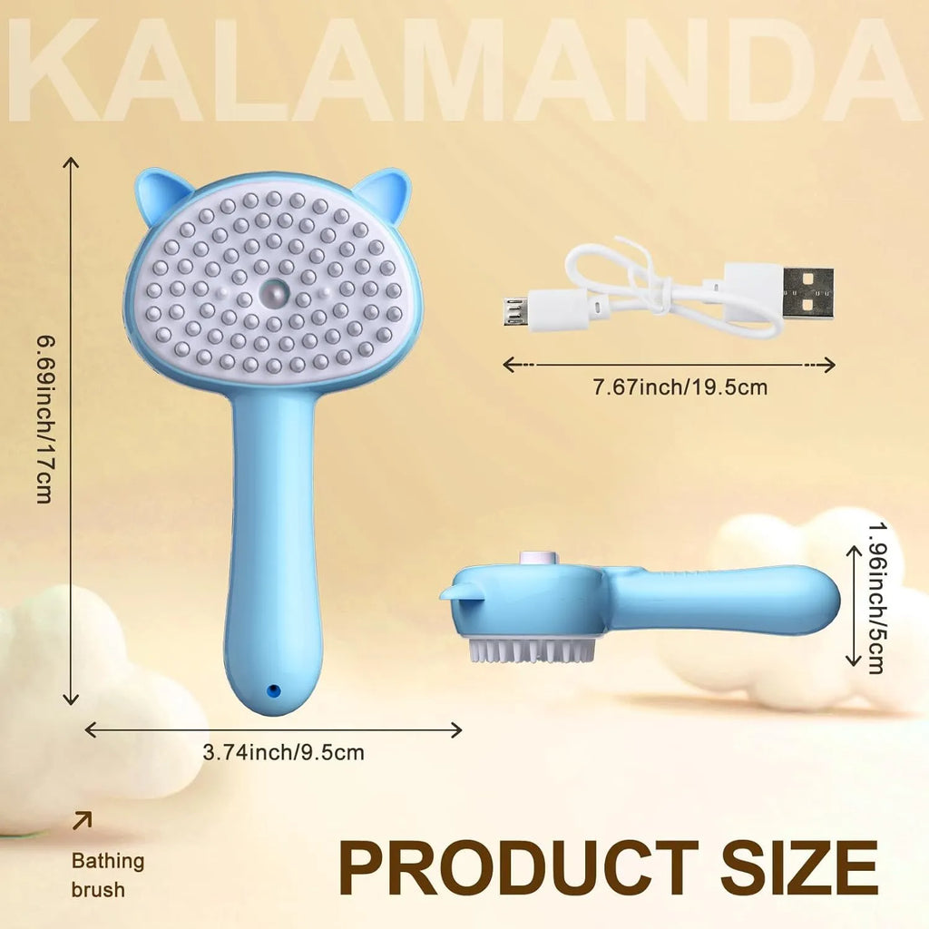 Blue pet steam brush with ergonomic handle and rubber bristles for grooming dogs cats