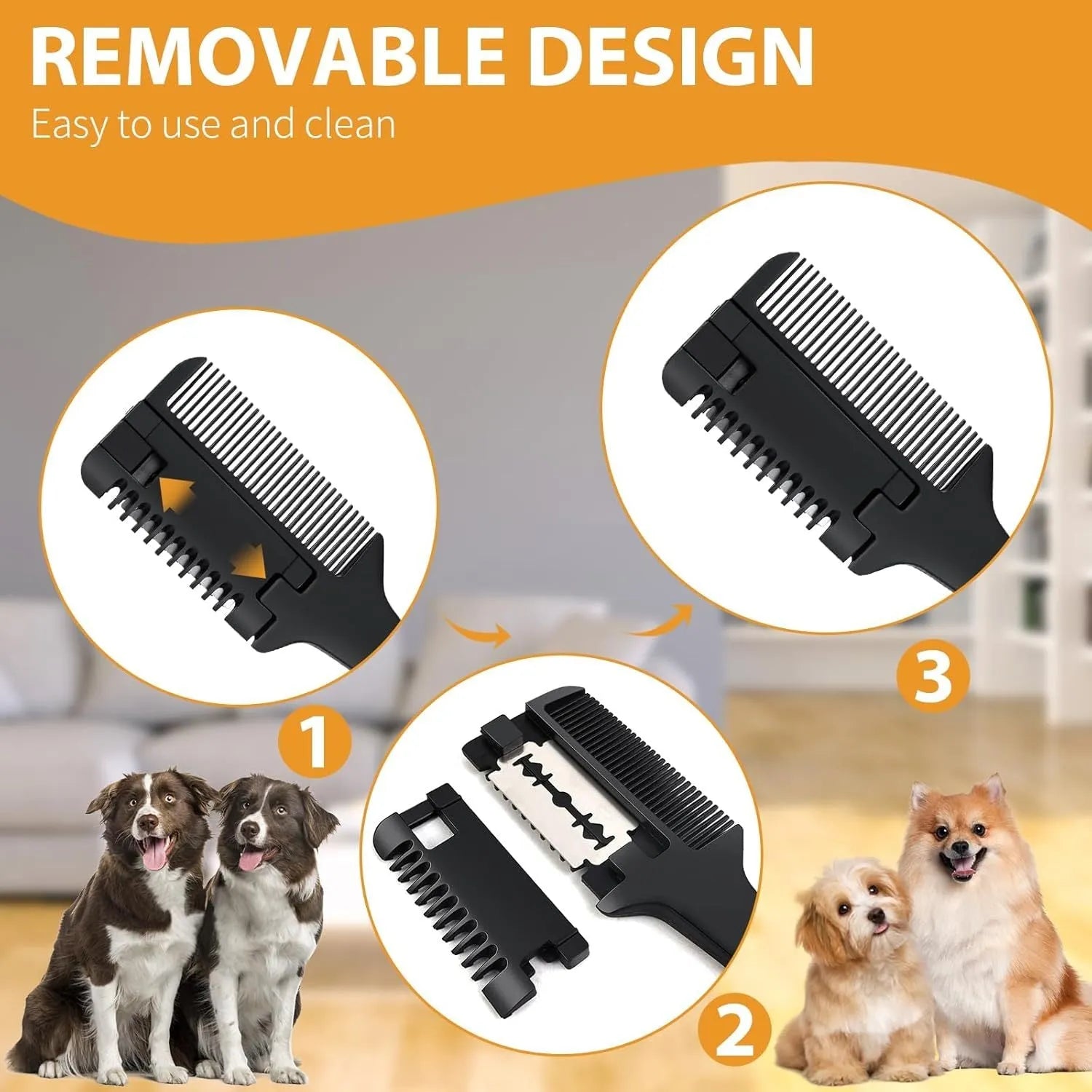 Pet razor comb for dogs and cats with built-in trimming blade and spare blades.