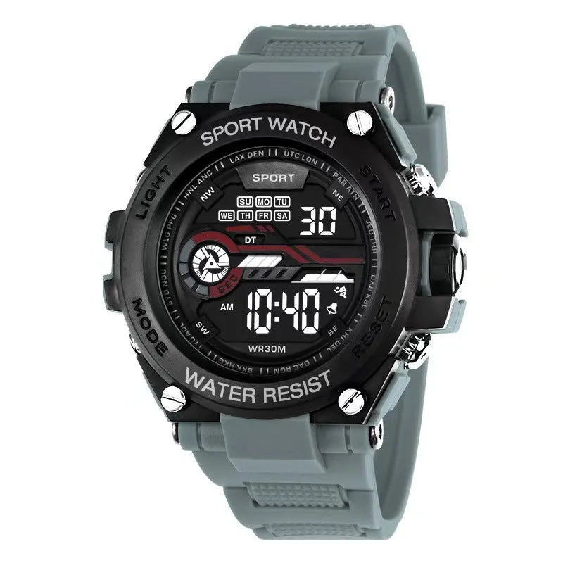 Fashion electronic watch with LED digital display showing ten different colour variations on wrist