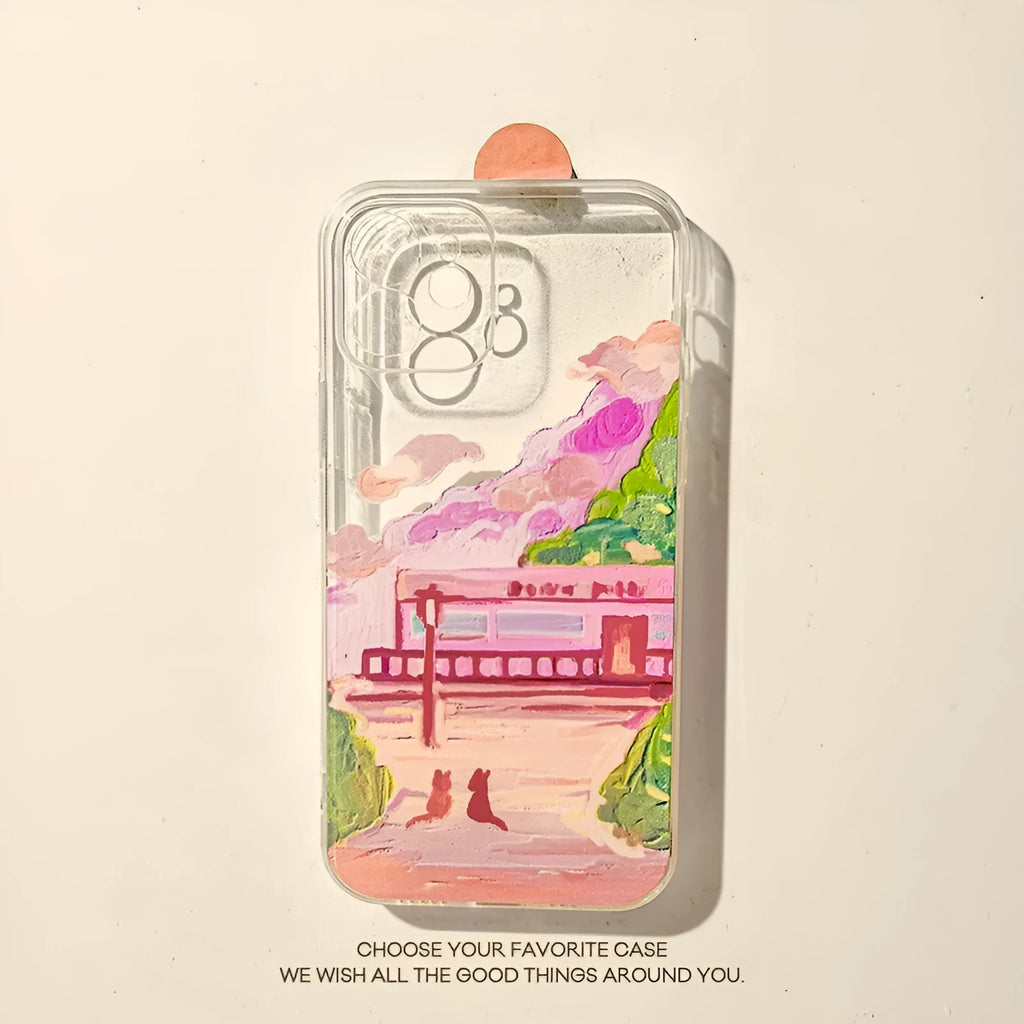 Soft silicone mobile phone case for iPhone featuring a colourful two-cat cartoon design on the back.