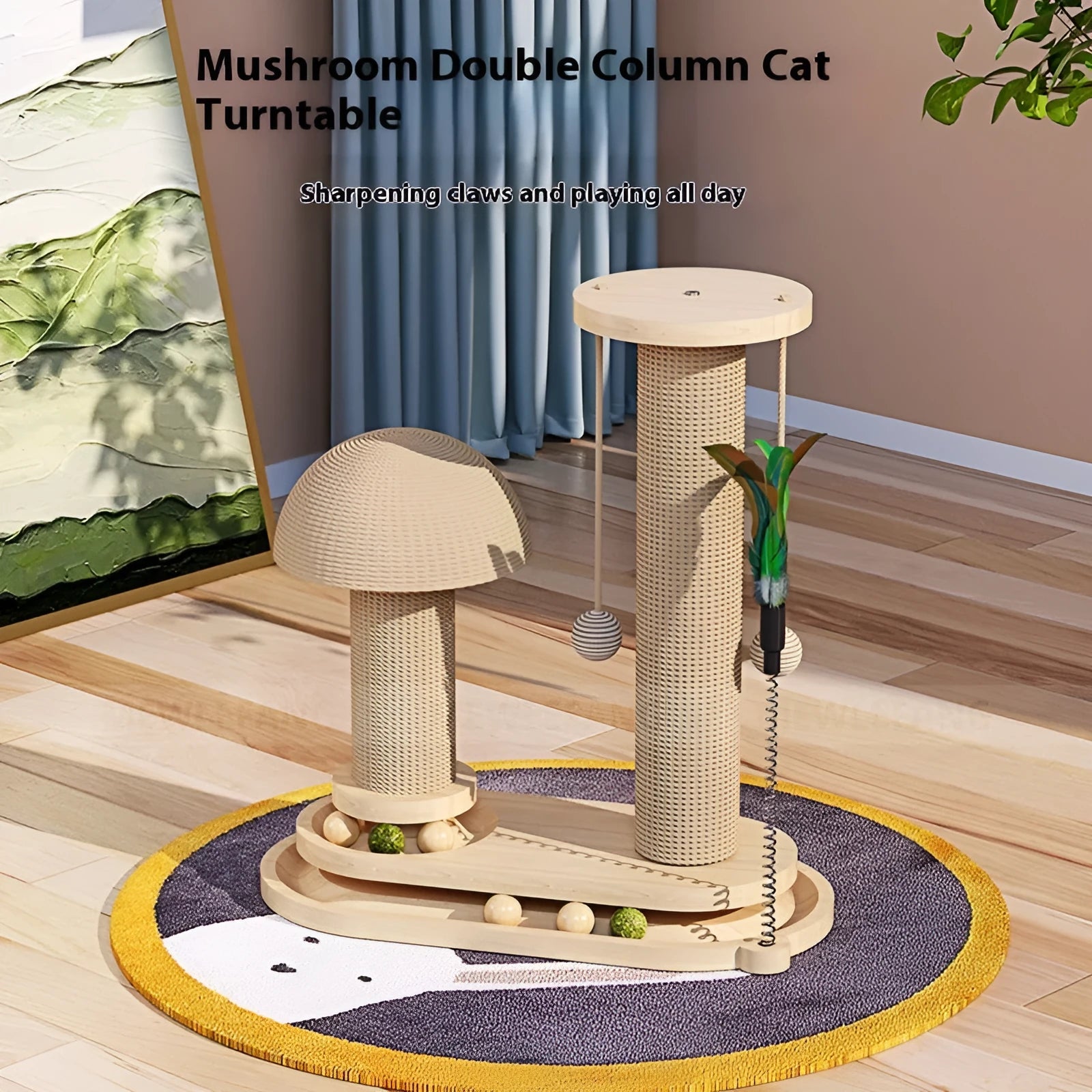 Solid wood cat turntable scratching post with climbing frame in natural timber construction