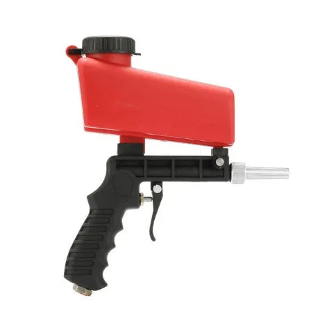Portable black gravity-feed pneumatic sandblasting gun with a sand tank and trigger.
