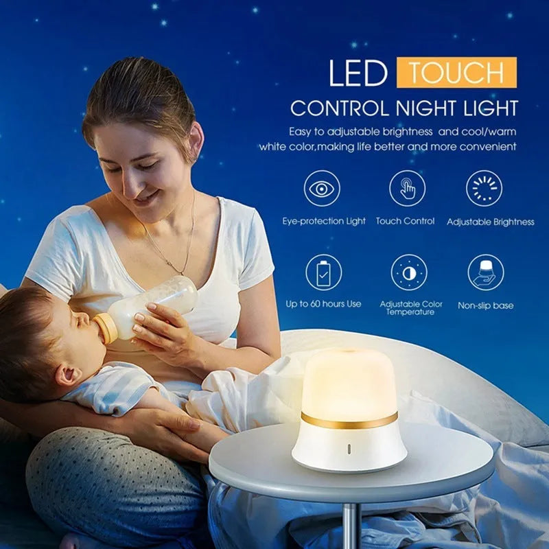 White bedside night light with touch controls, motion sensor, and rechargeable battery for nursery use.