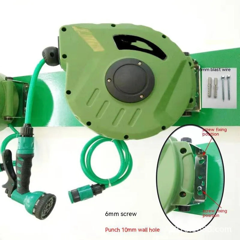 Automatic retractable hose reel with PVC housing for 10 metre water pipe storage