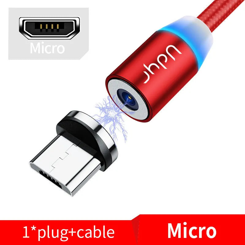 Magnetic data cable with detachable Android, Apple, and Type-C heads in black, red, and silver.