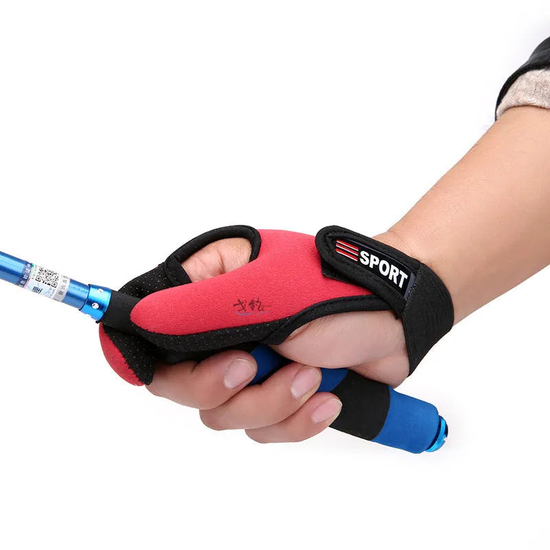 Two-finger fishing tackle glove in black colour, showing diving cloth back and microfiber palm material.