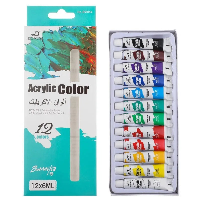 Set of artist paint tubes for watercolour, gouache, acrylic, oil, glass and textile painting in 12 colours.