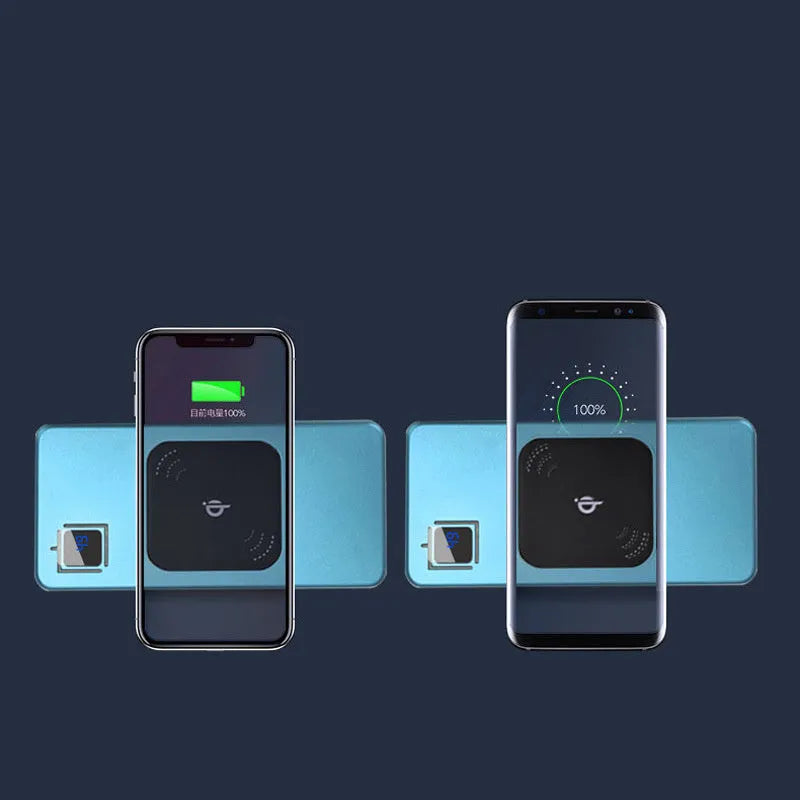 Silver alloy portable power bank with LCD display showing battery level, 10000mAh capacity.