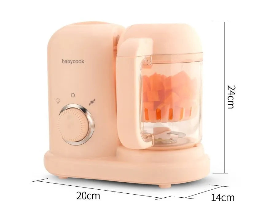 Baby food processor with steamer and blender functions in green or pink, showing dual mixing blades
