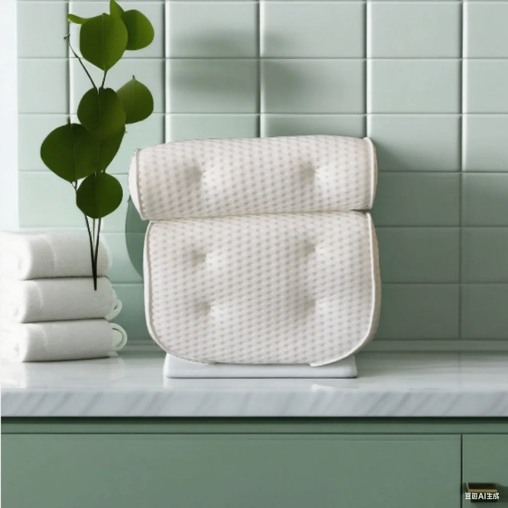 White bathtub pillow with 7 suction cups and breathable 4D mesh material