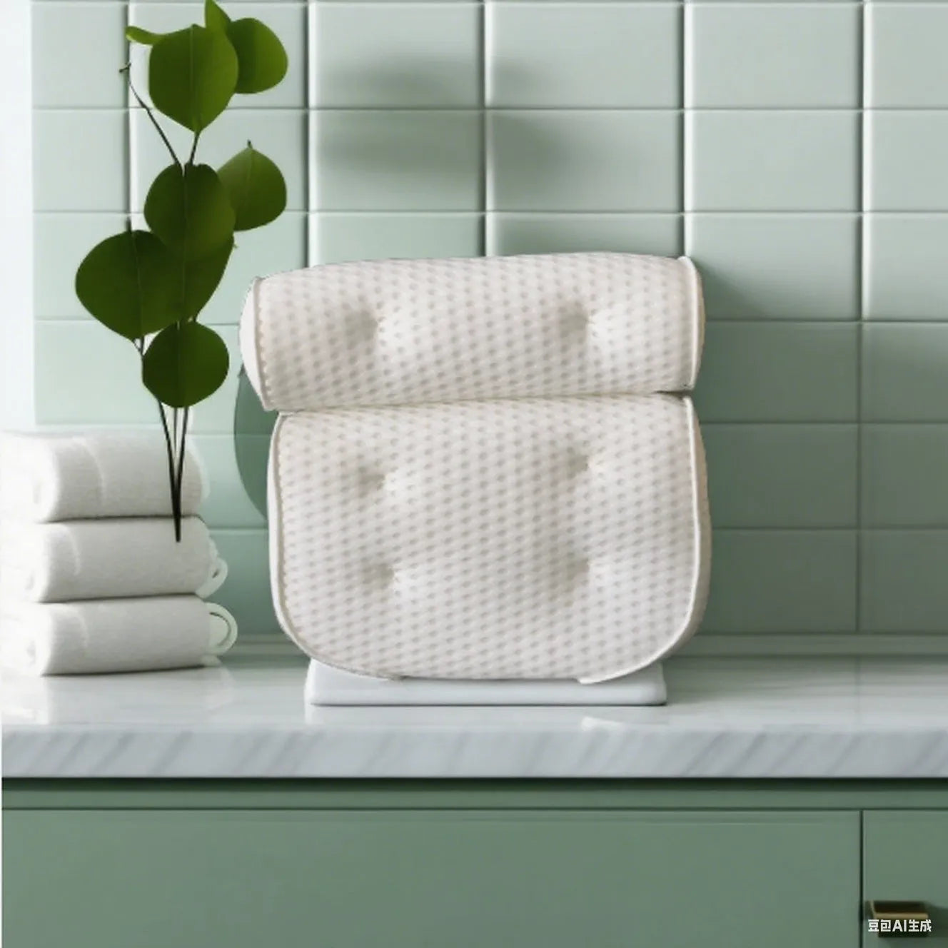 White bathtub pillow with 7 suction cups and breathable 4D mesh material