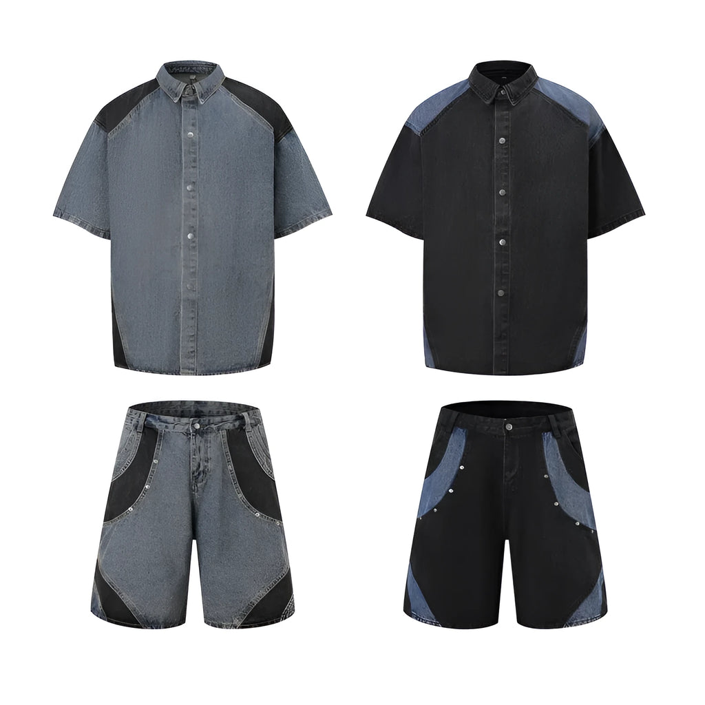 Retro washed denim short-sleeved jacket and full-length trousers suit set in black or blue