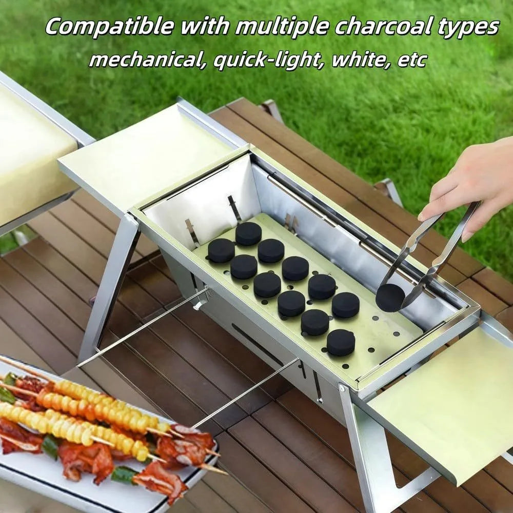 Small foldable portable charcoal grill for outdoor barbecues, shown in both open and closed positions.