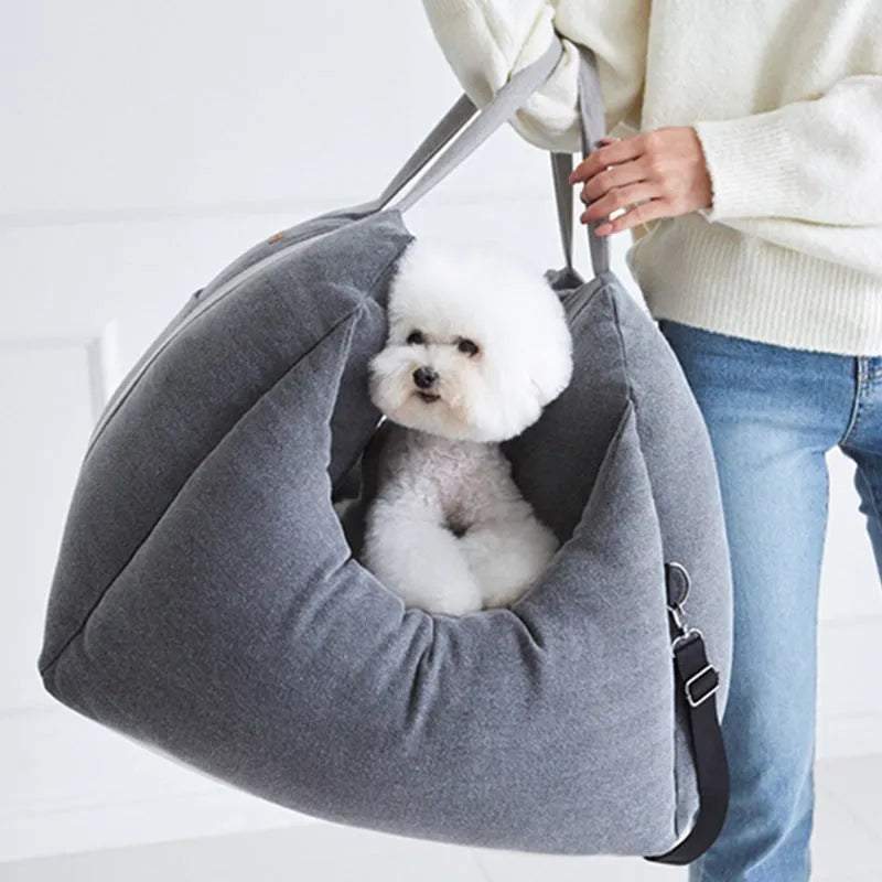 Pet dog car carrier seat basket in grey cloth with mesh panels for breathable travel