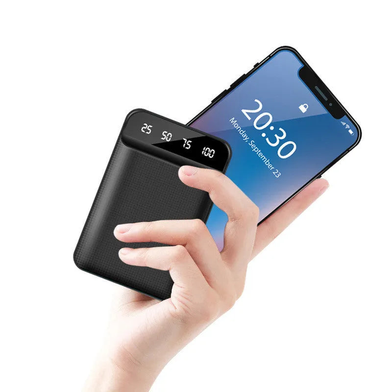 Compact plastic power bank showing multiple colour options and capacity sizes