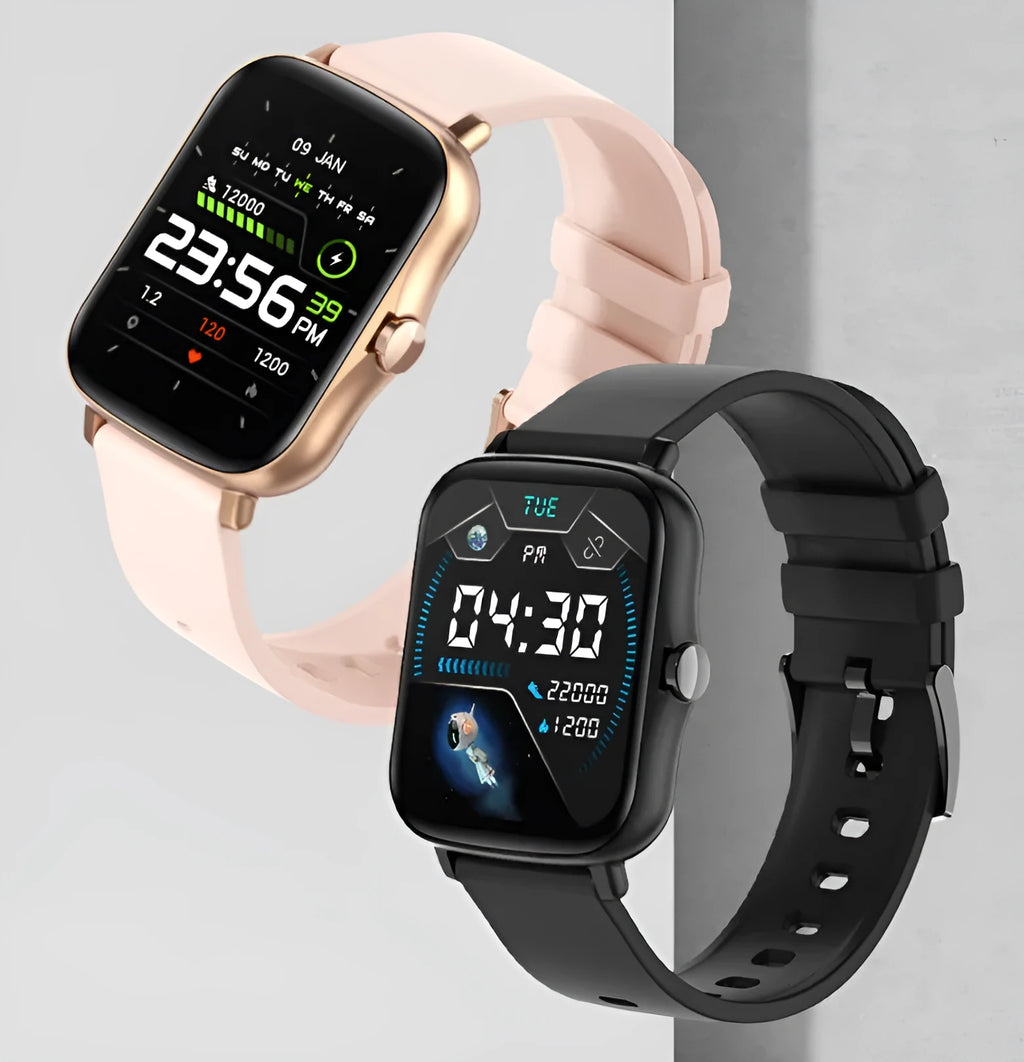 Smart sports watch with 1.7-inch colour touch screen in black, blue, or gold with adjustable strap.