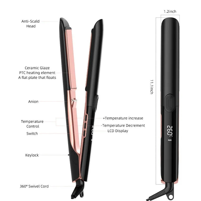 Hair straightener with digital temperature display showing 207℃ and EU plug