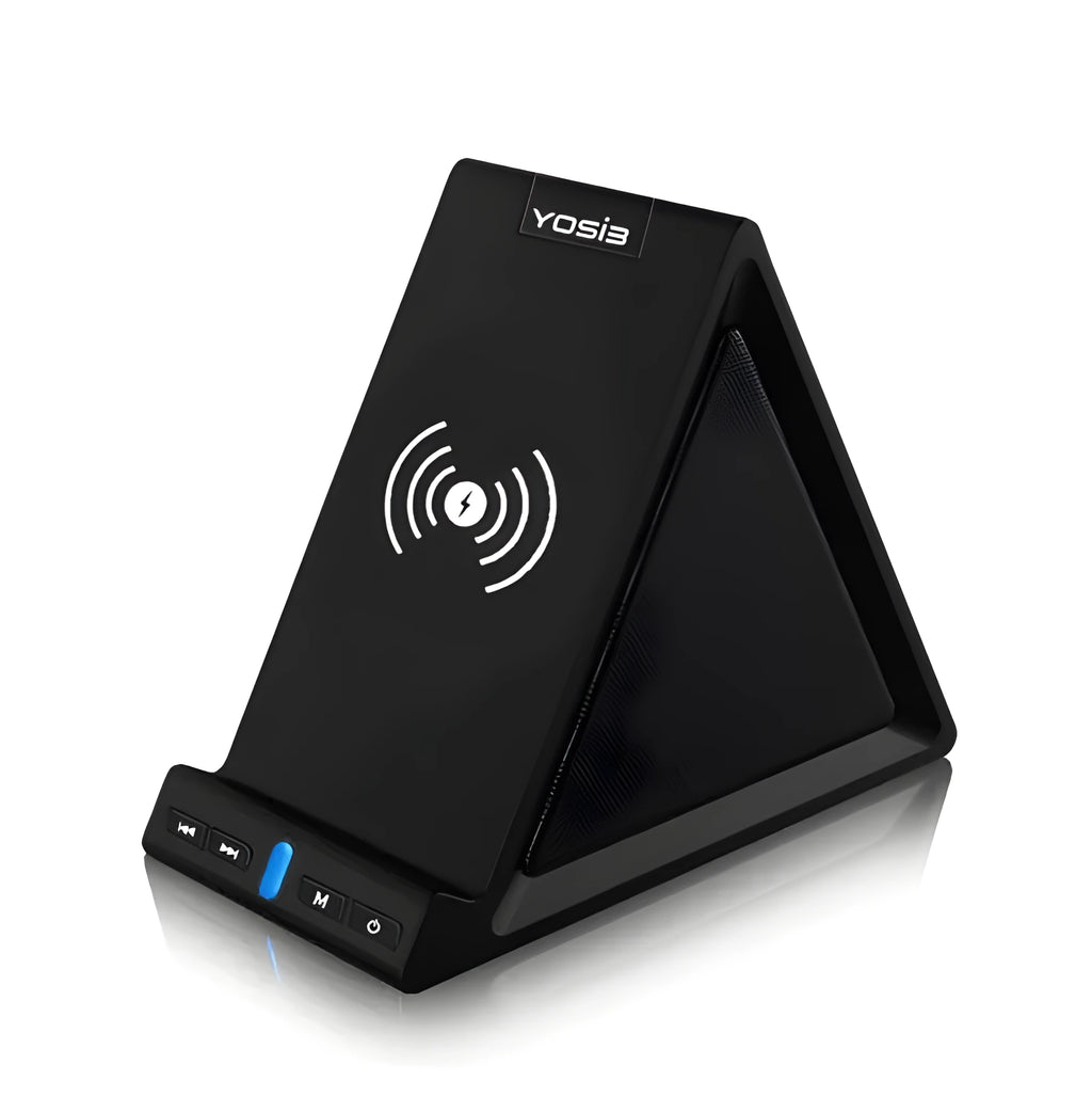 Black multifunctional Bluetooth speaker unit with integrated wireless charging pad and phone stand.