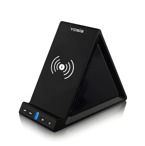 Black multifunctional Bluetooth speaker unit with integrated wireless charging pad and phone stand.